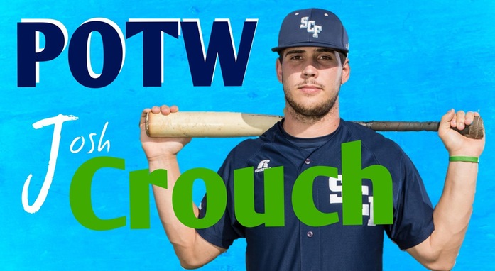 Josh Crouch with bat over shoulders, blue background and POTW and Josh Crouch in print