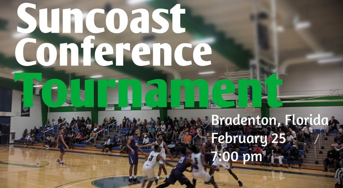Suncoast Conference Tournament, February 25, 7:00 pm, Bradenton Florida, background picture of bleachers with spectators