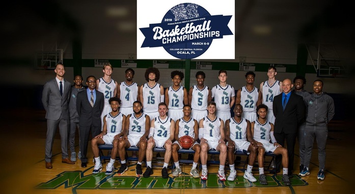 Team photo of SCF Basketball with logo for the FCSAA State/NJCAA Region tournament