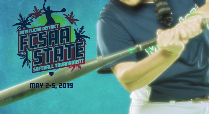 2019 NJCAA District FCSAA State Softball Tournament Logo with SCF player swinging a bat