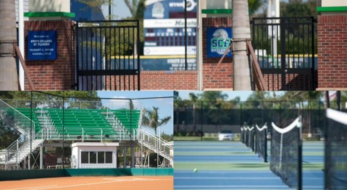 collage of baseball entrance, tennis courts, and softball stadium from the field 